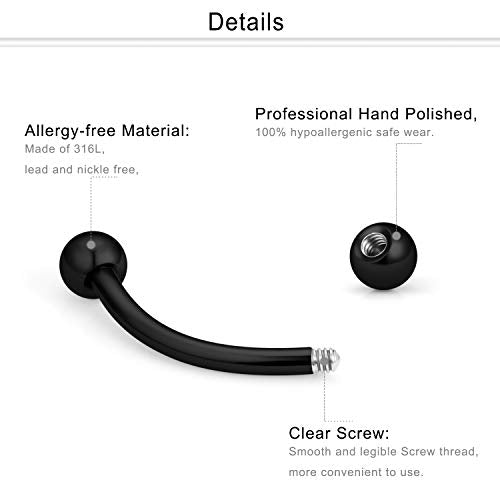 Eyebrow Ring Bar 16G Stainless Steel Curved Barbell Clear Diamond CZ Piercing Body Jewelry Retainer for Women Men 12-16 Pieces - color: 16Pcs-16G-Black