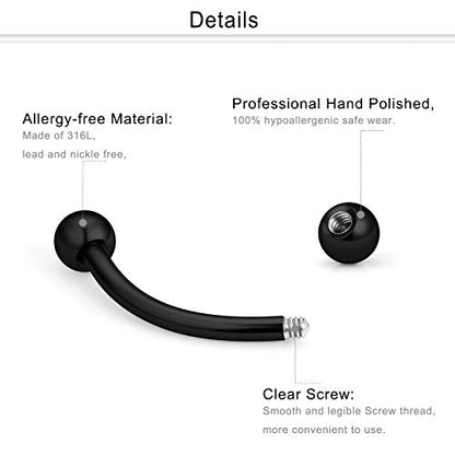 Eyebrow Ring Bar 16G Stainless Steel Curved Barbell Clear Diamond CZ Piercing Body Jewelry Retainer for Women Men 12-16 Pieces - color: 16Pcs-16G-Black