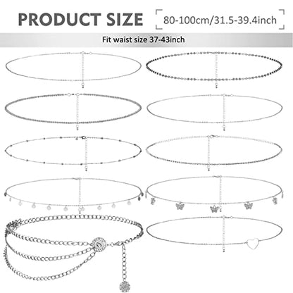 Lenwen 10 Pcs Summer Beach Belly Chain Adjustable Waist Multi Layered Chain Waist Jewelry for Women Girls Multilayer Body - color: Silver, style: Stylish Style