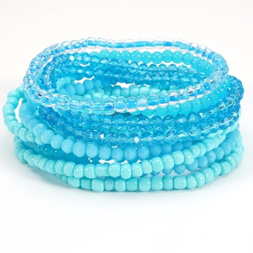 Bohemian Multilayer Beaded Stackable Stretch Bracelets for Women Colorful Crystal Glass Resin Seed Beads Elastic Wristbands BFF Friendship Summer Beach Hawaii Jewelry - color: Blue