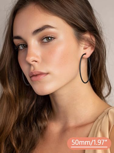 FaithHeart Silver/Black/Gold Stainless Steel Thin Hoop Earrings for Women | 2mm Wide Thin Large Hoop Earrings, Hypoallergenic Lightweight Trendy Jewelry, 20/30/40/50/60/70/80/90/100mm - color: Black, size: 50mm/1.97"