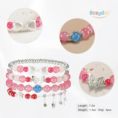 Besydec Stackable Boho Beaded Bracelets With Natural Stone & Pearl Heart & Clay Beads for Women,Adjustable Silver Jewelry - color: Red Silver