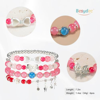 Besydec Stackable Boho Beaded Bracelets With Natural Stone & Pearl Heart & Clay Beads for Women,Adjustable Silver Jewelry - color: Red Silver