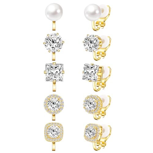 Cubic Zirconia Clip on Earrings - Women Hypoallergenic Comfortable Non Pierced Stud Earrings for Wedding and Dance Competitions, Clip-on Earrings Silver Gold - color: Gold