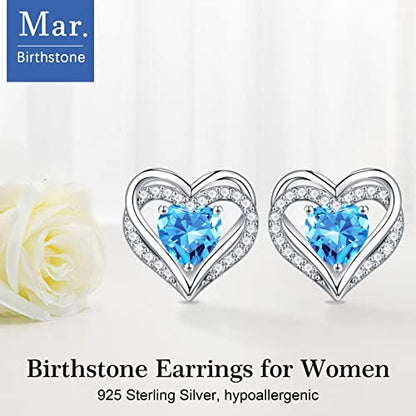 Iefil Birthstone Earrings for Women - 925 Sterling Silver Heart Stud Earrings Birthday Gifts for Women - color: 03-Mar-Created Aquamarine