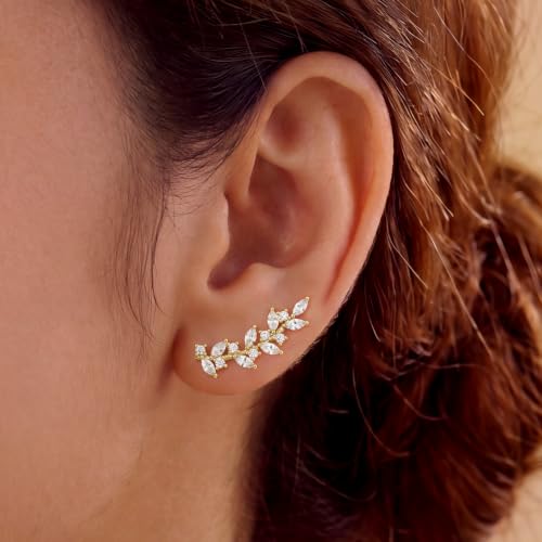 Ear Climber Earrings for Women, 14K Gold Plated/Silver Plated | Crawler Earrings Pierced with Cubic Zirconia, Hypoallergenic Cluster Stud Tragus Conch Daith Cartilage Jewelry Gift for Daily - color: Gold-7