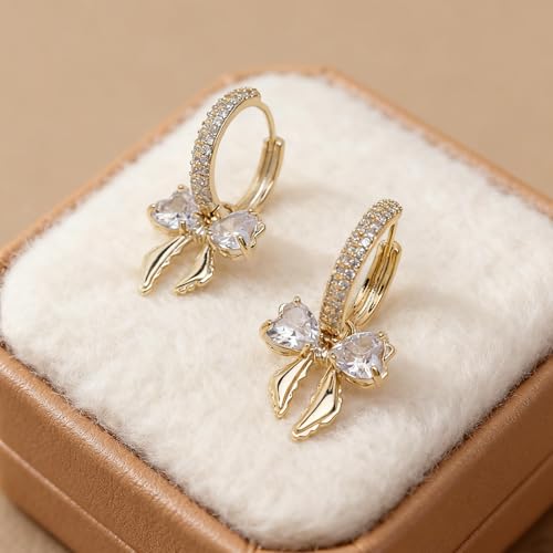 Sonateomber Gold Silver Small Hoop Dangle Earrings for Women, Trendy Dainty Rhinestone CZ Dangling Prom Wedding Leaf Flower Snowflake Butterfly Starfish Fashion Jewelry Gift - color: Gold Bow