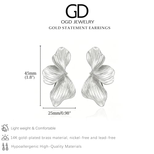 OGD Chunky Gold Statement Earrings For Women Trendy Gold Plated Sectored Flower Leaf Angel Wing Earrings Large Stud Jewlery Hypoallergenic - color: Flower-Silver
