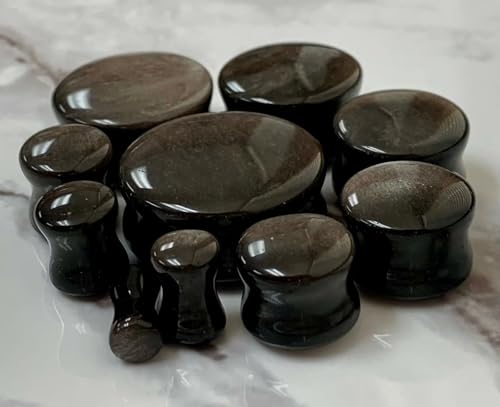 PAIR of Stunning Silver Obsidian Organic Natural Stone Double Flare Plugs - Gauges - Body Jewelry - size: 5/8" (16mm)