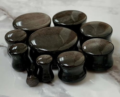 PAIR of Stunning Silver Obsidian Organic Natural Stone Double Flare Plugs - Gauges - Body Jewelry - size: 5/8" (16mm)