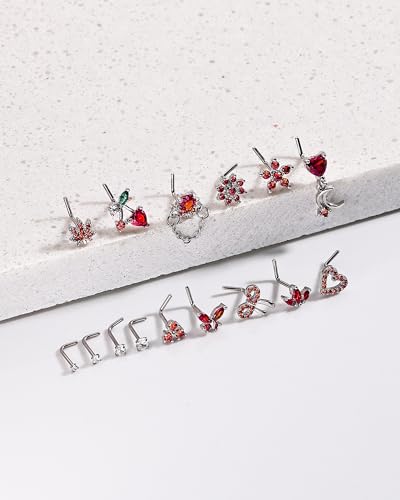 BSJ4U Nose Rings L Shaped for Women Nose Piercings 20G Surgical Stainless Steel Nose Studs CZ Heart Butterfly Flower Cherry Bow Moon Dangle Nose Piercing Jewelry - color: Silver Red Nose Rings