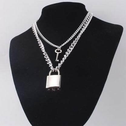 Layered Chunky Gold Silver Necklace Big Cuban Chain Statement Necklace Stacked Punk Chain Choker Necklaces for Women Trendy Jewelry Birthday Gifts - color: 04 Lock and Key