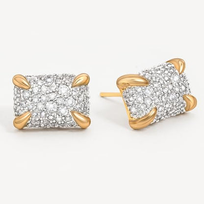 MEVECCO Pave Cubic Zirconia Stud Earrings for Women, 18K Gold Plated Brass | Pave CZ Fronts, Curved Gold Plated Edge Accents, Soft Motifs and Clean Geometric Styles - style: rectangle