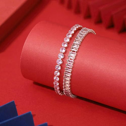 4 Pcs Tennis Bracelet Set Silver Plated Marquise Cubic Zirconia CZ Diamond Dainty Adjustable Silver Bracelets for Women Brides Stackable Fashion Jewelry Wedding Prom Gift - color: Pink-3PCS Tennis Bracelet Set