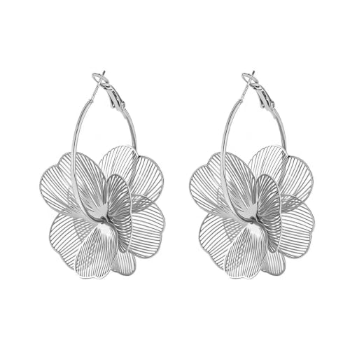 Dangle Flower Gold Earrings for Women, Trendy Statement Hoop Earrings, Gold Floral Drop Earrings Jewelry for Gifts - color: Silver flower
