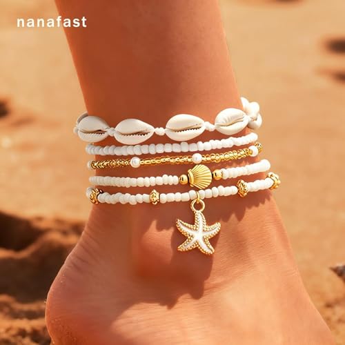 Nanafast Beaded Boho Anklets for Women, Beachy Shell Anklets for Women, Puka Shell & Starfish Charms Beach Jewelry Adjustable - color: 5PCS