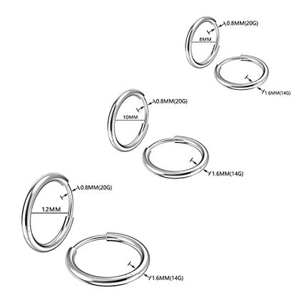 Osayia 316L Surgical Stainless Steel Small Hoop Earrings 8mm 10mm 12mm Hypoallergenic Huggie Thin Hoop Earrings Helix Lobes Hinged Sleeper Earrings Men Women for Cartilage Piercings - color: D: Silver (Diameter 8mm/10mm/12mm),3 Pairs