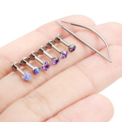 F136 Titanium 20/18/16g Internally Threaded Medusa Monroe Lip Ashley Labret Nose Rings Flat Back Tragus Helix Cartilage Conch Screw Stud Earrings Surgical Steel Piercing Jewelry for Women - color: Purple CZ, size: 16g*1/4in