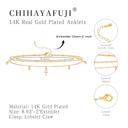 Sterling Silver Ankle Bracelets for Women 14K Gold Waterproof Layered Stackable Bead Chain Cross Charm Non Tarnish Large Adjustable Anklet for Summer Beach Jewelry Gift - color: gold2