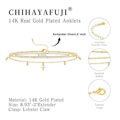 Sterling Silver Ankle Bracelets for Women 14K Gold Waterproof Layered Stackable Bead Chain Cross Charm Non Tarnish Large Adjustable Anklet for Summer Beach Jewelry Gift - color: gold2