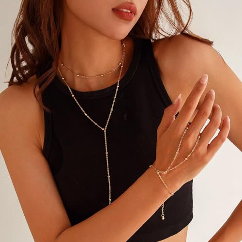 Luxval Lariat Gold Necklace for Women, Dainty Long Necklace 14k Gold Plated/Silver Y-Shaped Pendant Necklaces Trendy Beaded Chain Drop Necklaces Jewelry for Women Gifts - color: Gold-Y Layered Bead Necklace