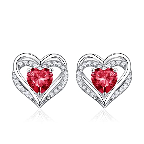 Iefil Birthstone Earrings for Women - 925 Sterling Silver Heart Stud Earrings Birthday Gifts for Women - color: 07-Jul-Created Ruby