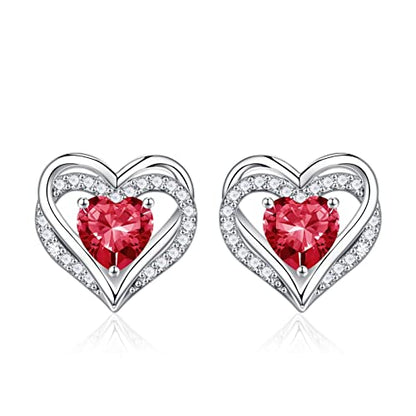 Iefil Birthstone Earrings for Women - 925 Sterling Silver Heart Stud Earrings Birthday Gifts for Women - color: 07-Jul-Created Ruby