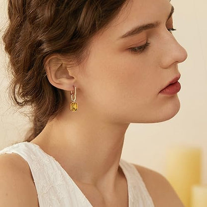 Birthstone Crystal Dangle Drop Earrings, 18K Gold Plated Huggie HoopEarring | Hypoallergenic Earring Jewelry Gifts for Women, Birthdays, anniversaries, weddings - color: Yellow-1