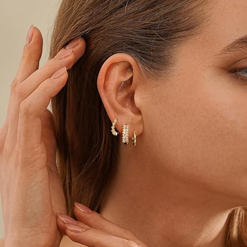 CZ Huggie Earrings for Women, Dainty Gold Earring Stacks 14K Gold Plated Small Huggie Hoop Earrings for Women Trendy Hypoallergenic Cute Unique Gold Earrings Set Fashion Gold Womens Jewelry - color: Gold-set1