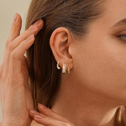 CZ Huggie Earrings for Women, Dainty Gold Earring Stacks 14K Gold Plated Small Huggie Hoop Earrings for Women Trendy Hypoallergenic Cute Unique Gold Earrings Set Fashion Gold Womens Jewelry - color: Gold-set1