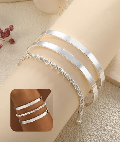 ZOERAY Silver Gold Bangle Bracelets for Women Non Tarnish 14k Gold Plated Stackable Cuff Bracelets for Women Trendy Cubic Zirconia Stainless Steel Chunky Bracelet Stack Set Waterproof Jewelry Gifts - color: C.Rope-Silver