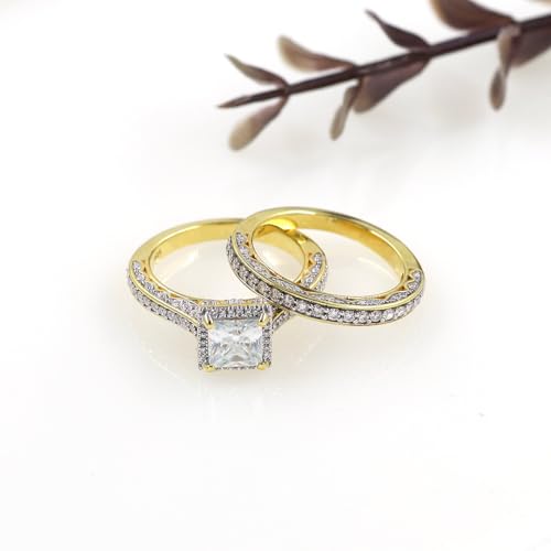 6MM Center Halo Princess Cut Bridal Set Engagement Ring for Women, 2 CT | Metal: Sterling Silver|Stone: Moissanite - color: Yellow Gold