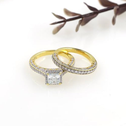 6MM Center Halo Princess Cut Bridal Set Engagement Ring for Women, 2 CT | Metal: Sterling Silver|Stone: Moissanite - color: Yellow Gold