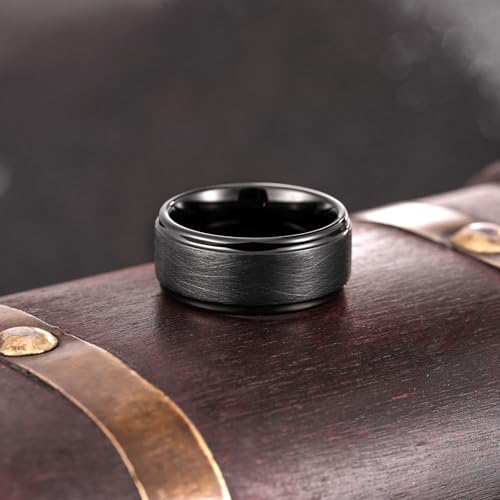 King Will Classic Tungsten Carbide Ring Brushed Two Grooved Center Hammered Design Mens Wedding Band for Men | Black/Silver/Gold, 8mm, Men's Wedding Band, Grooved, Comfort Fit, Everyday Wear - color: C-Black 10mm