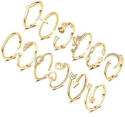 KOHOTA 12PCS Adjustable Knuckle Rings for Women 14K Gold Plated Silver Simple Stacking Rings Pack Open Knot Star Moon Butterfly Dainty Thumb Ring Set for Women - color: 3-Gold color