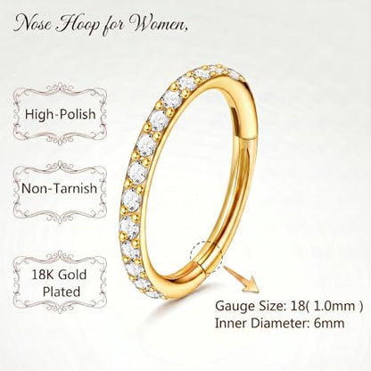 Staligue Nose Hoop ring - 316L Surgical Steel Nose Ring 16/18/20G Hinged Diamond Nose Ring Hoop Septum Clicker Rings Cartilage Earring Helix Rook Tragus Daith Piercing Jewelry for Women 6MM/8MM/10MM/12MM - color: Gold, size: 18G-6MM