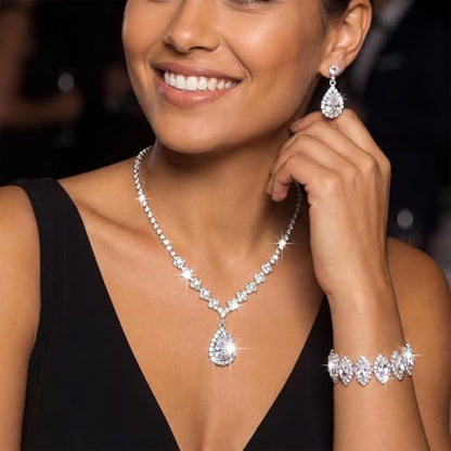 Unicra Bride Crystal Necklace Earrings Set Bridal Wedding Jewelry Sets Rhinestone Choker Necklace Prom Costume Jewelry Set for Women and Brides - color: E-3 Pack Silver Necklace Bracelet Earrings
