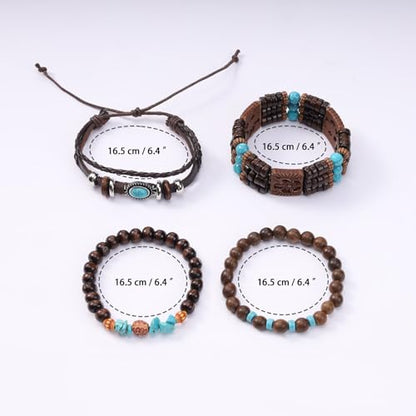 Mens Beaded Bracelets Tribal Wooden Elastic Adjustable Prayer Beads Wrap Cuff for Women - color: H: 4pcs