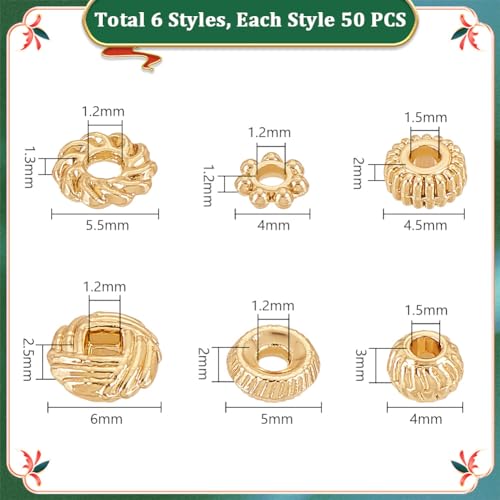 PH PandaHall 300PCS Gold Spacer Beads 6 Style Alloy Jewelry Bead Charm Spacers Wreath Beads Rondelle Disc Loose Beads for Jewelry Making DIY Bracelets Necklace and Crafting - color: Gold Flat