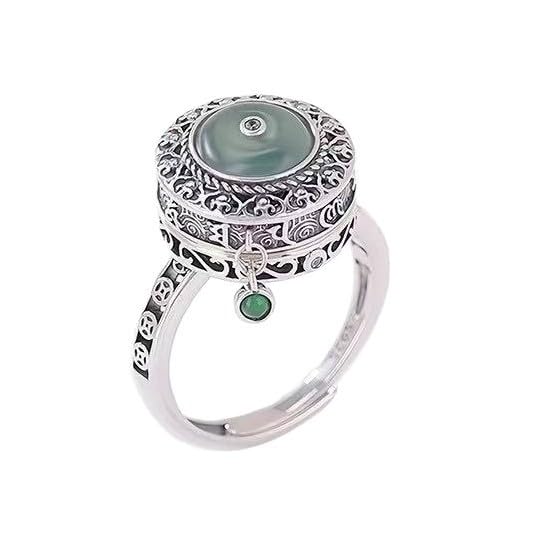 Adjustable Spinner Fidget Ring for Women - Vintage Ping An Buckle Amulet Rotating Ring, Green Jade & CZ Crystal Anxiety Relief Ring, Open Band Stress Relief Protection Jewelry, Unique Boho Gift for Her