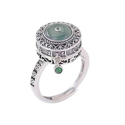 Adjustable Spinner Fidget Ring for Women - Vintage Ping An Buckle Amulet Rotating Ring, Green Jade & CZ Crystal Anxiety Relief Ring, Open Band Stress Relief Protection Jewelry, Unique Boho Gift for Her