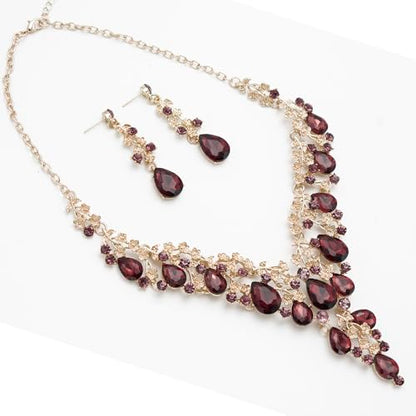 Bridal Bridesmaid Austrian Crystal Jewelry Set, Floarl rhinestone Statement Neckace Teardrop Necklace Drop Dangle Earrings Set - color: Amethyst-Gold Tone