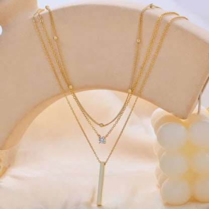 14K Gold Silver Plated Layered Necklaces for Women Trendy | Necklaces for Women Trendy, Stackable Dainty Chain Necklace, Beach Cute Fashion Pendant Choker Necklace, Jewelry Set Gifts - color: 3PCS / Satellite & CZ & Bar