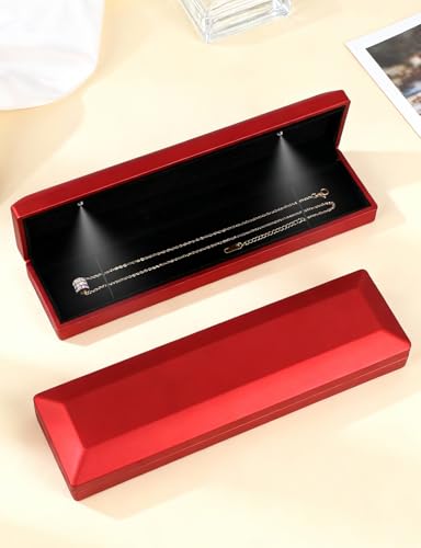Hatori Long Chain Necklace Jewelry Gift Box with LED Light, Bracelet Storage Case, Jewellry Display Box for Wedding, Engagement, Proposal, Birthday, Anniversary - color: Red