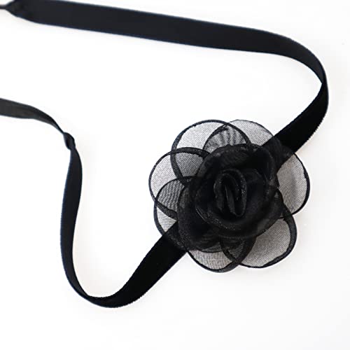 Black Choker Camellia Flower Lace-up Necklace For Women - color: BLACK