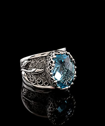 Filigranist 925 Sterling Silver Filigree Art Lace Embroidery Tulip Detailed Gemstone Women Cocktail Ring, Luxurious Gift Boxed - color: Blue Topaz