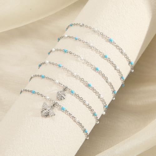 6 PCS Enamel Beaded Chains Bracelet Stainless Steel Link Bracelets | 6.7"+1.18", With Extender Chain, Fashion Jewelry Set, Gift For Women, Colorful, No Fade - color: Light Blue White Silver