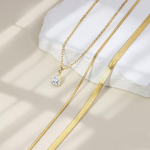 Layered Necklaces for Women,14k Gold Plated Dainty Necklace Stack Set Non Tarnish Adjustable Silver Stainless Steel CZ Heart Circle Pendant Paperclip Choker Herringbone Snake Chain Jewelry - style: CZ Layered Necklace