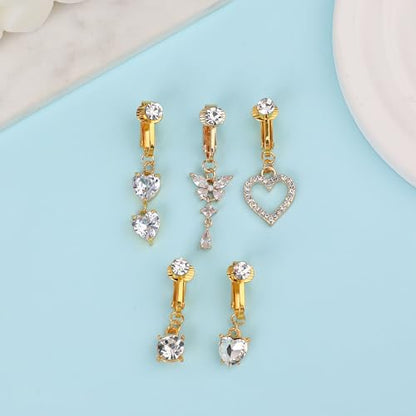 5Pcs Gold Fake Belly Piercing Fake Belly Ring for Women Fake Belly Button Piercing Clip On Belly Button Rings Fake Navel Ring Non Piercing - style: white stone-gold