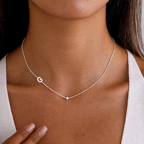 Gold Necklace for Women, Dainty Initial Necklace 14K Gold Plated Dainty Sideways Letter Necklace Personalized Gold Necklace Simple Initial Choker Necklaces for Women Trendy Jewelry Gifts - color: Silver, style: G
